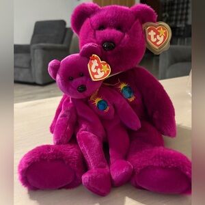 Ty 1999 Millennium Bear Beanie Bear Duo - Rich Magenta